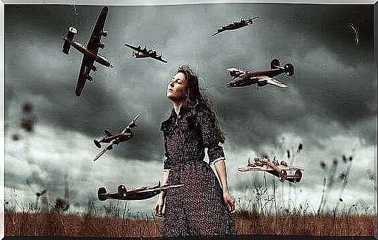 woman surrounded by warplanes