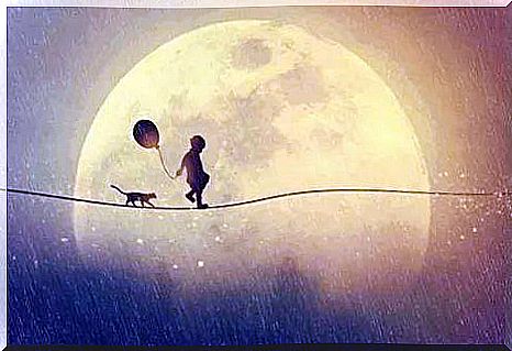 Child and cat walking a tightrope