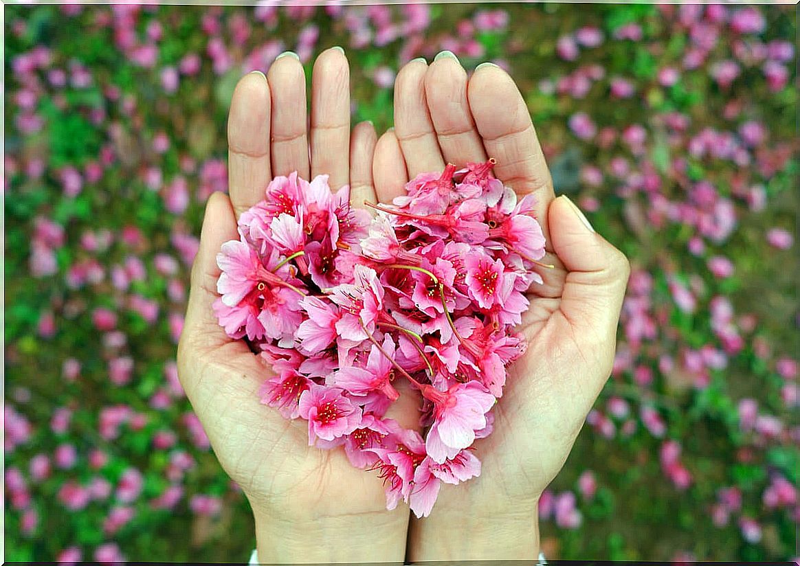 hand with a heart of flowers