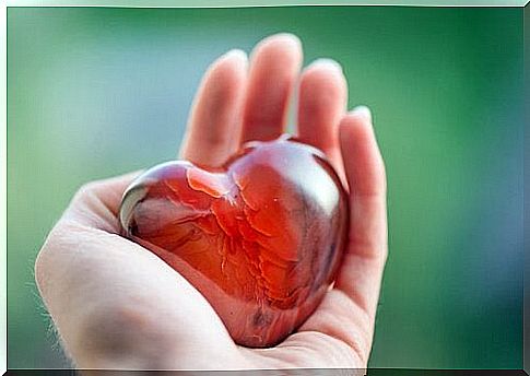 Hand holding heart-shaped stone.